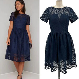 Chi Chi London Sheridan Dress Navy Blue Embroidered Short Sleeve UK 12 US 8